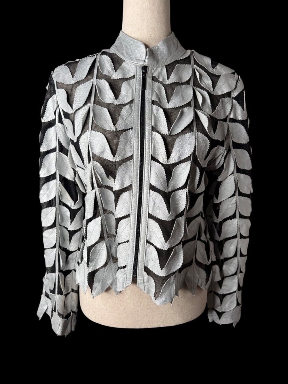 Vintage Natto Artsy Mesh Sheer Blk Silver Leather 3d Leaf appliqué Jacket Zip LG